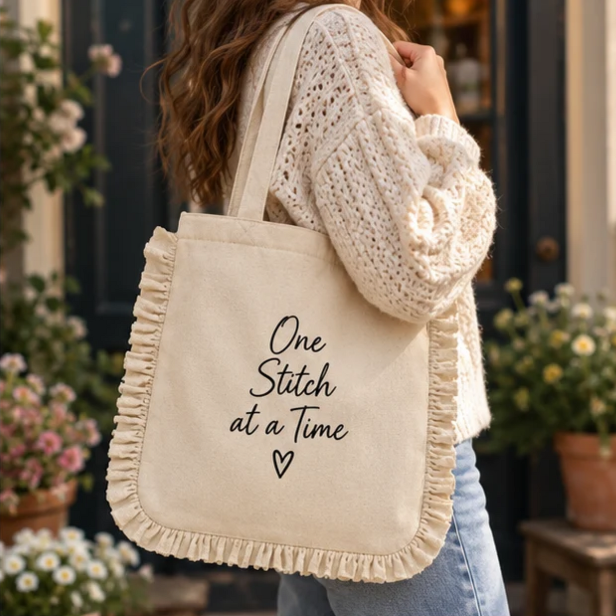 One Stitch at a Time Ruffle Tote Bag – Natural Cotton Canvas Inspirational Tote