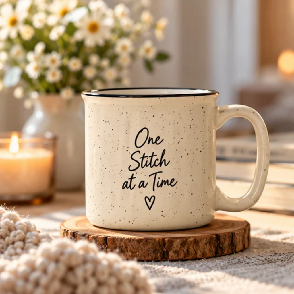 One Stitch at a Time Speckled Ceramic Camp Mug – Cream 13 oz Inspirational Mug