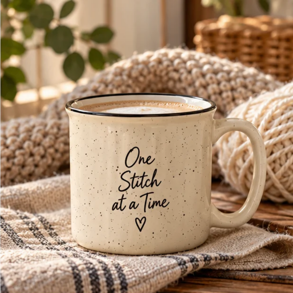 One Stitch at a Time Speckled Ceramic Camp Mug – Cream 13 oz Inspirational Mug