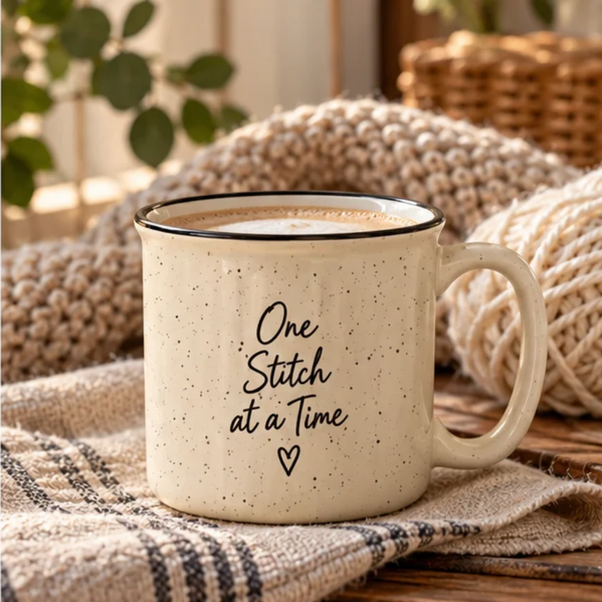 One Stitch at a Time Speckled Ceramic Camp Mug – Cream 13 oz Inspirational Mug