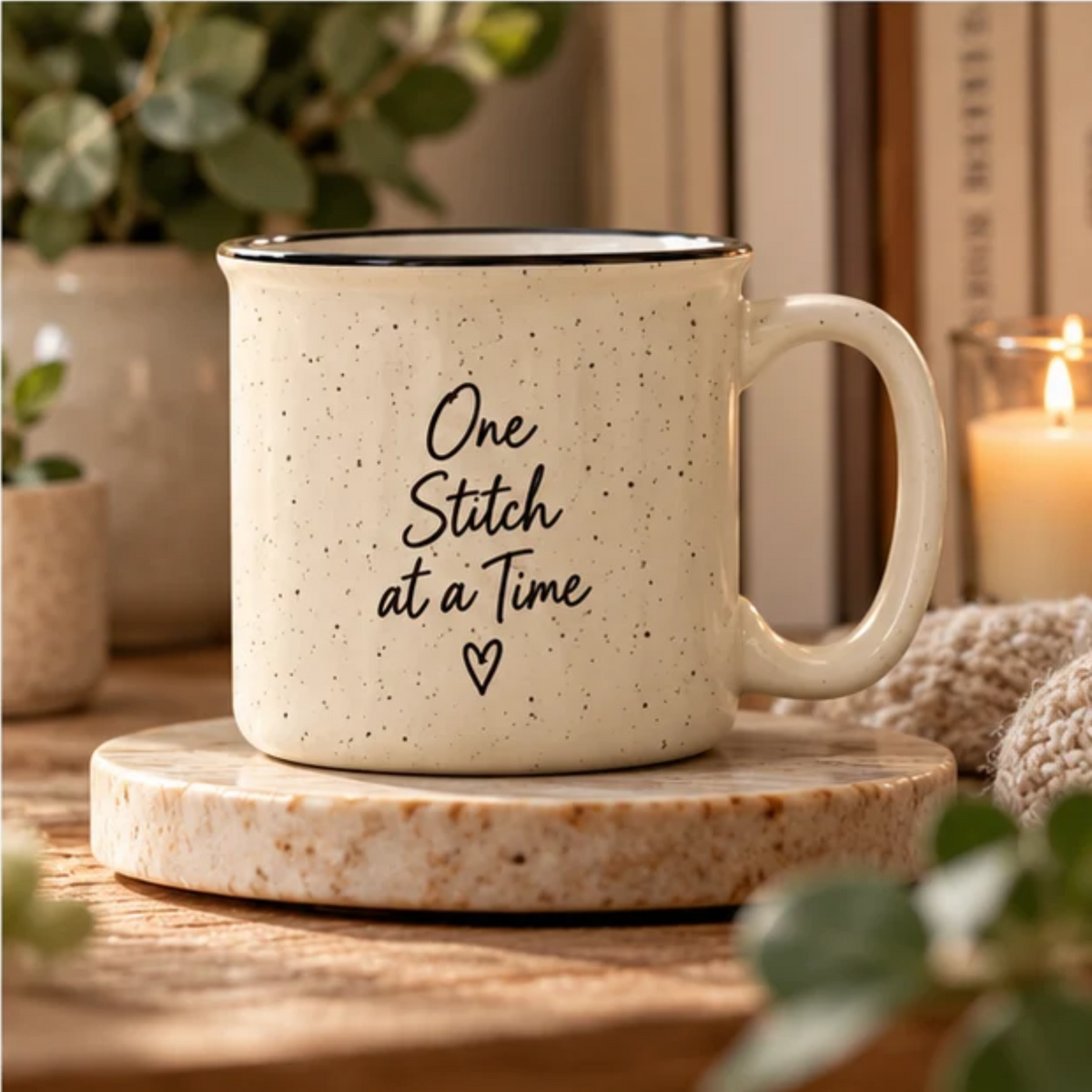 One Stitch at a Time Speckled Ceramic Camp Mug – Cream 13 oz Inspirational Mug