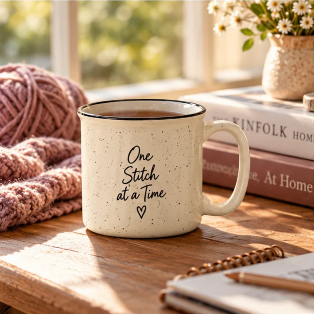 One Stitch at a Time Speckled Ceramic Camp Mug – Cream 13 oz Inspirational Mug