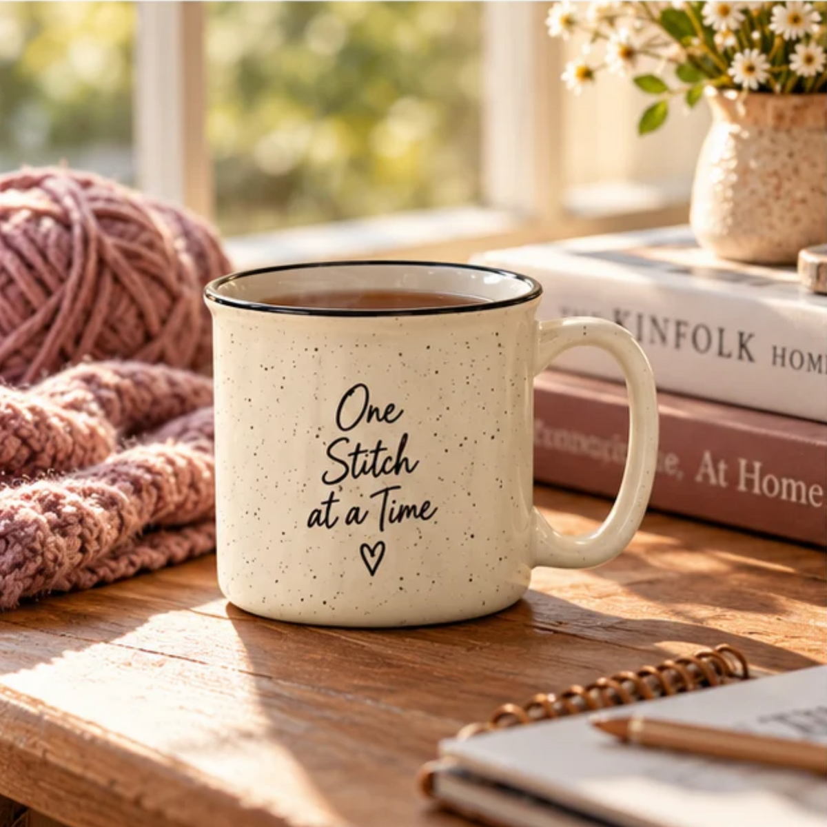 One Stitch at a Time Speckled Ceramic Camp Mug – Cream 13 oz Inspirational Mug