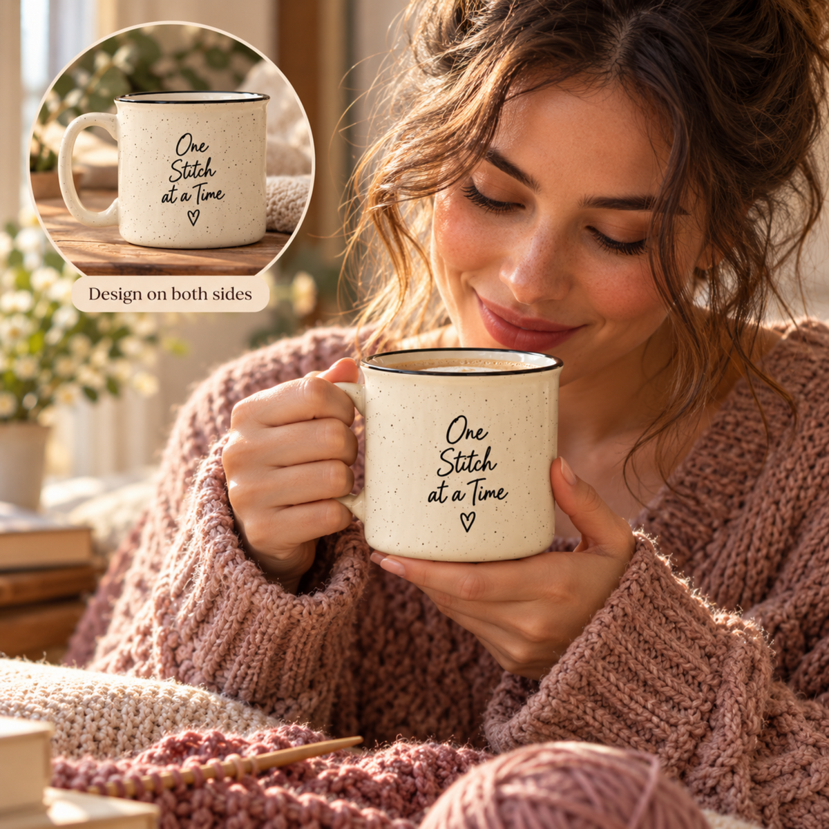 One Stitch at a Time Speckled Ceramic Camp Mug – Cream 13 oz Inspirational Mug