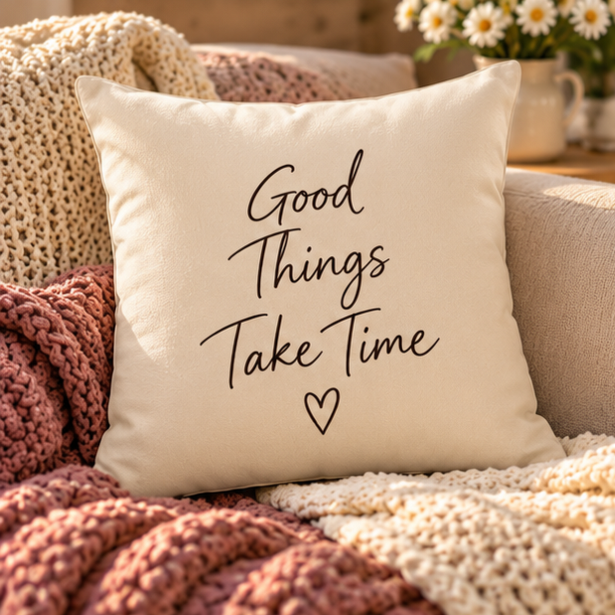 Good Things Take Time Cotton Pillow Cover – Cream Inspirational Throw Pillow Case – Cozy Neutral Home Decor