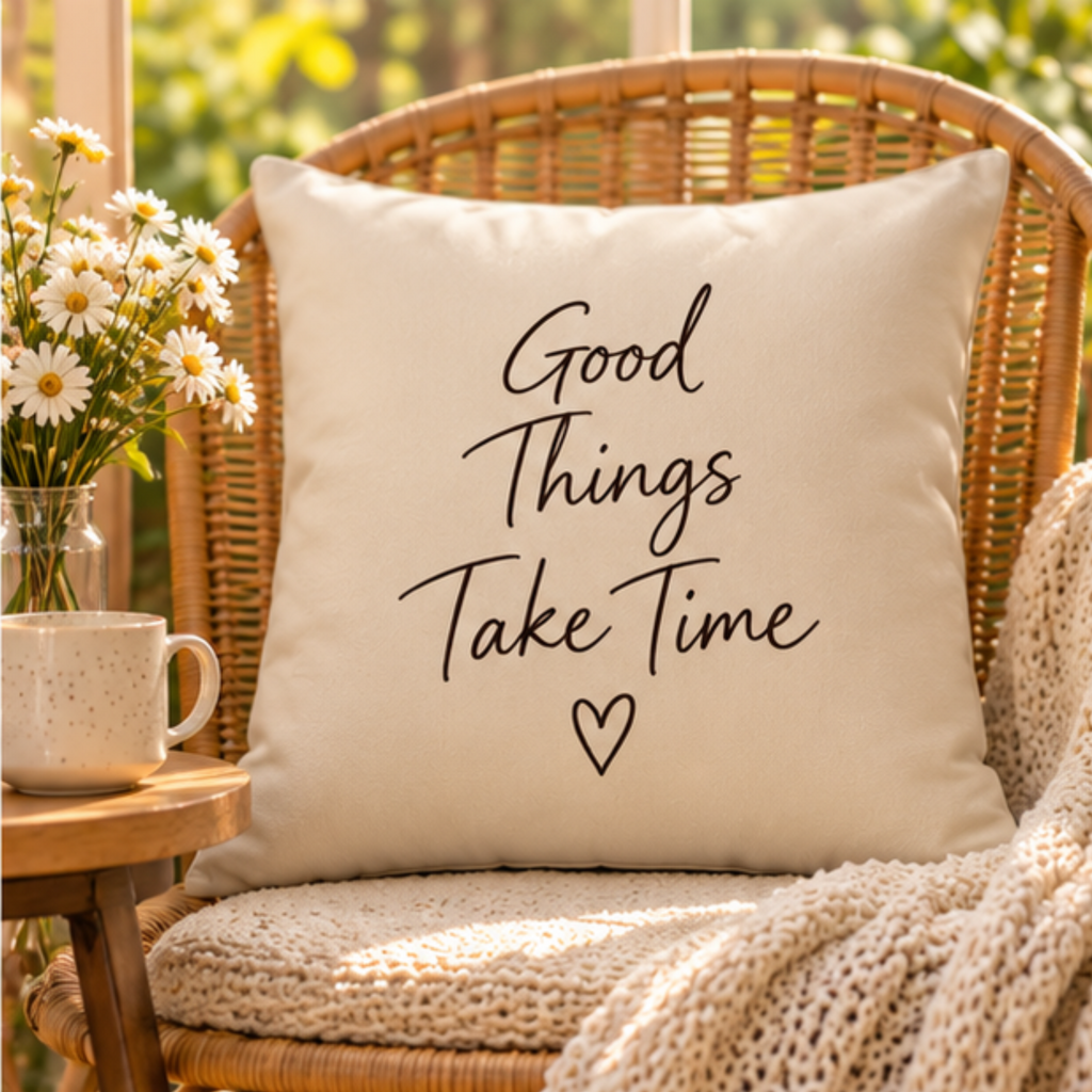 Good Things Take Time Cotton Pillow Cover – Cream Inspirational Throw Pillow Case – Cozy Neutral Home Decor