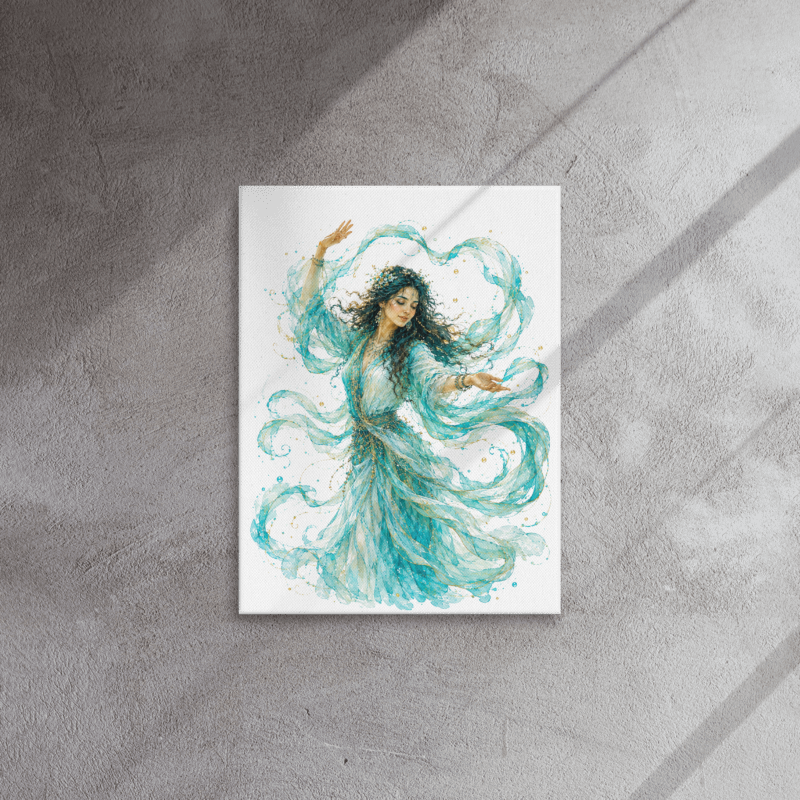 Turquoise Dancing Woman Canvas Wall Art, Rasayana Watercolor Print, Teal and Gold Feminine Artwork, Boho Woman Decor, Turquoise Collection