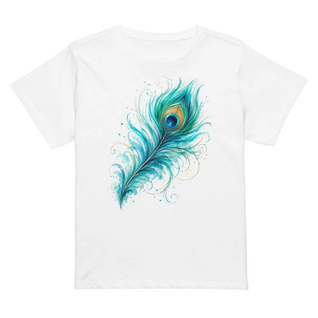 Turquoise Peacock Feather T-Shirt, Boho Feather Shirt, Colorful Peacock Tee, Turquoise Shirt, Artistic Women’s Tee