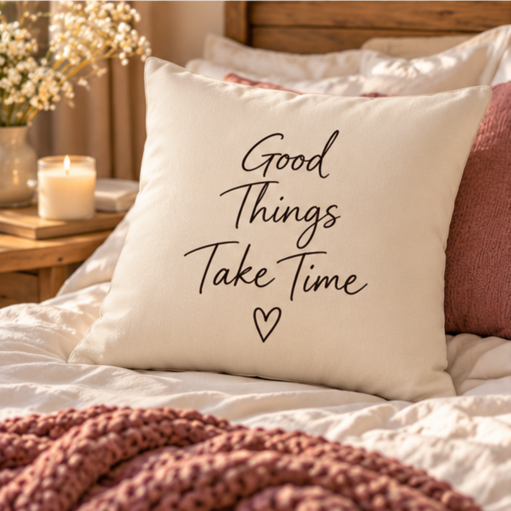 Good Things Take Time Cotton Pillow Cover – Cream Inspirational Throw Pillow Case – Cozy Neutral Home Decor