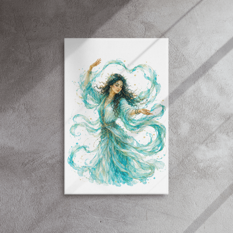 Turquoise Dancing Woman Canvas Wall Art, Rasayana Watercolor Print, Teal and Gold Feminine Artwork, Boho Woman Decor, Turquoise Collection