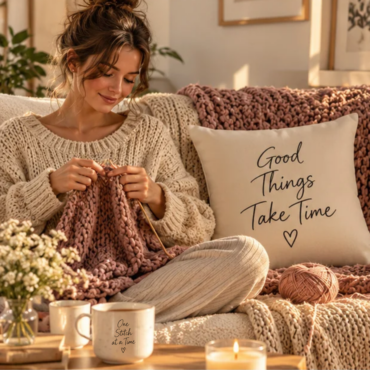 Good Things Take Time Cotton Pillow Cover – Cream Inspirational Throw Pillow Case – Cozy Neutral Home Decor