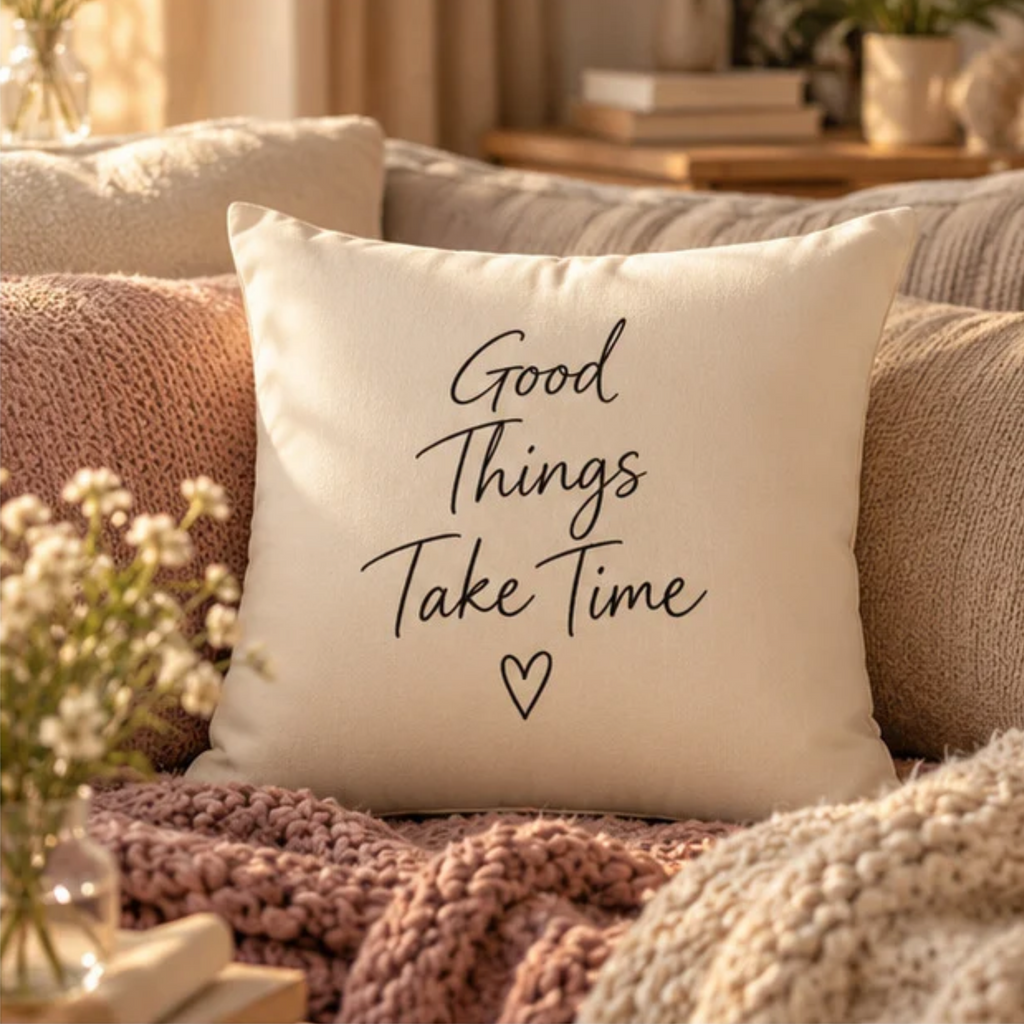 Good Things Take Time Cotton Pillow Cover – Cream Inspirational Throw Pillow Case – Cozy Neutral Home Decor