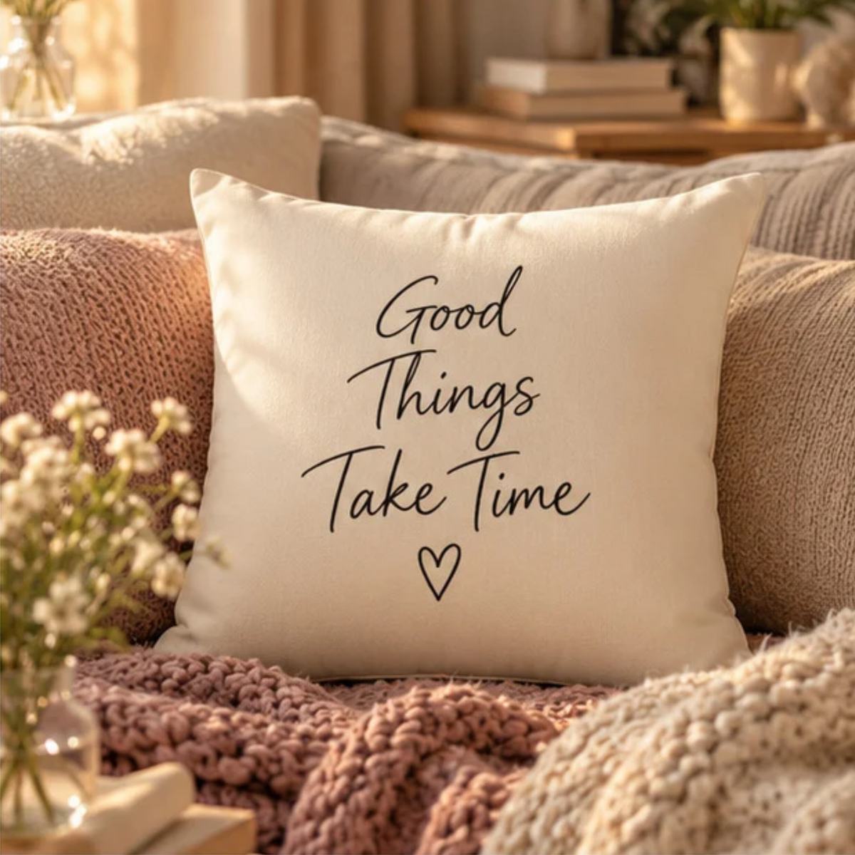 Good Things Take Time Cotton Pillow Cover – Cream Inspirational Throw Pillow Case – Cozy Neutral Home Decor