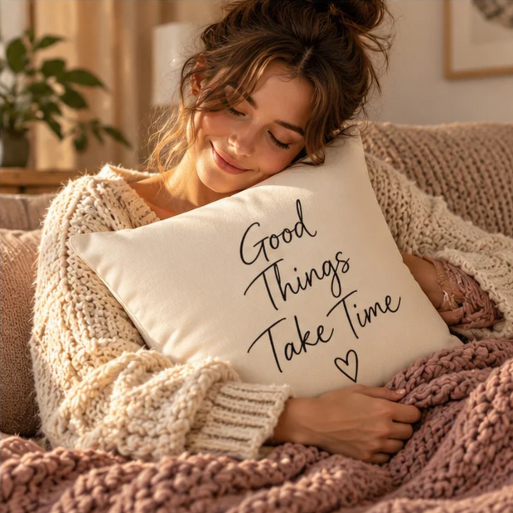 Good Things Take Time Cotton Pillow Cover – Cream Inspirational Throw Pillow Case – Cozy Neutral Home Decor