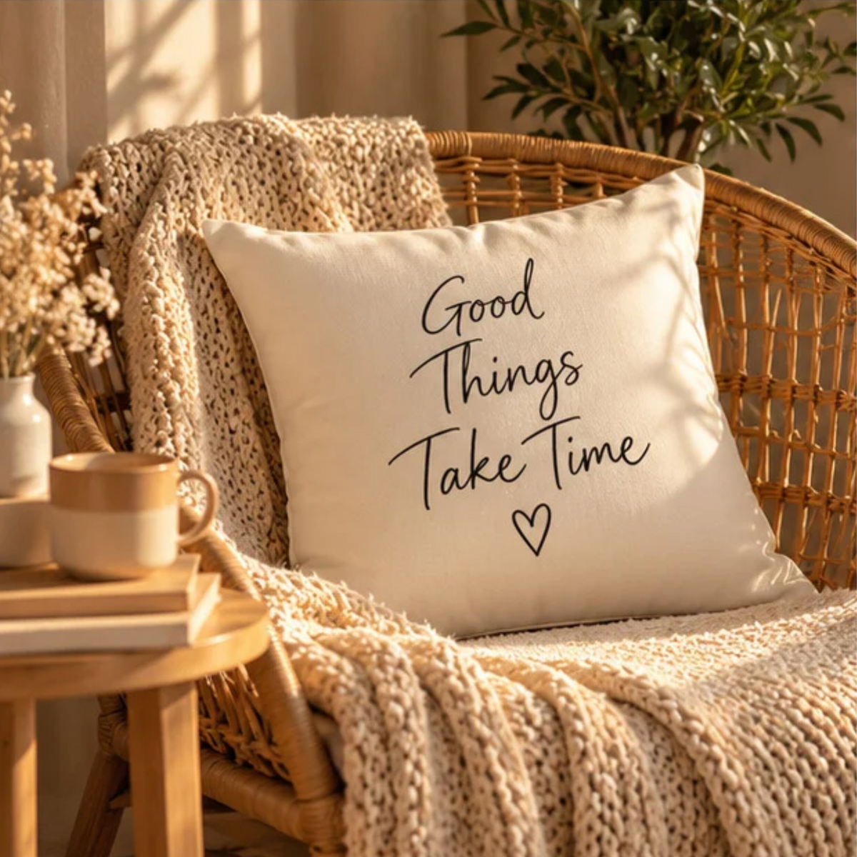 Good Things Take Time Cotton Pillow Cover – Cream Inspirational Throw Pillow Case – Cozy Neutral Home Decor