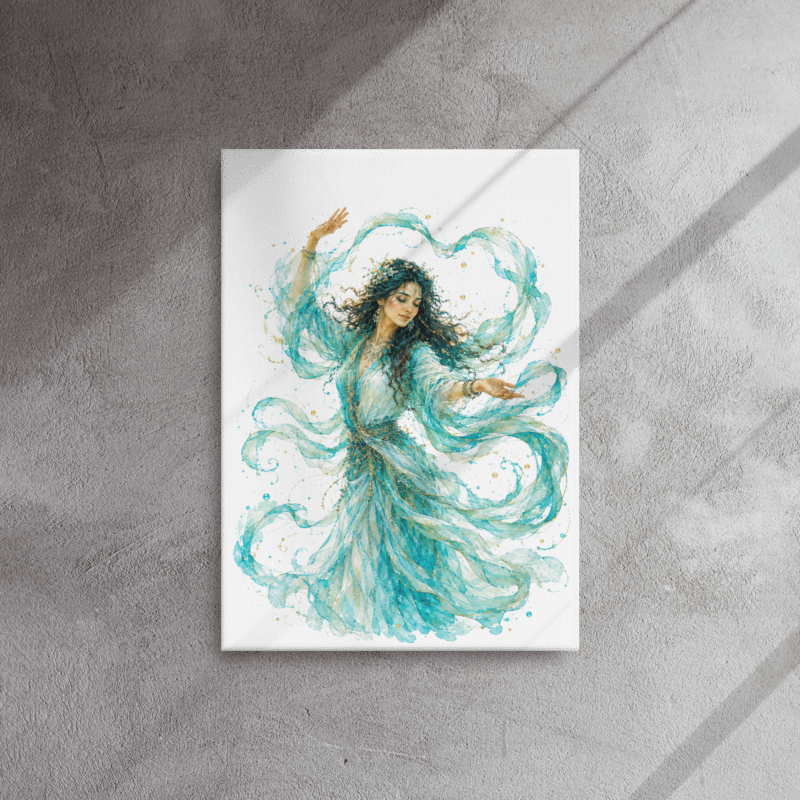 Turquoise Dancing Woman Canvas Wall Art, Rasayana Watercolor Print, Teal and Gold Feminine Artwork, Boho Woman Decor, Turquoise Collection