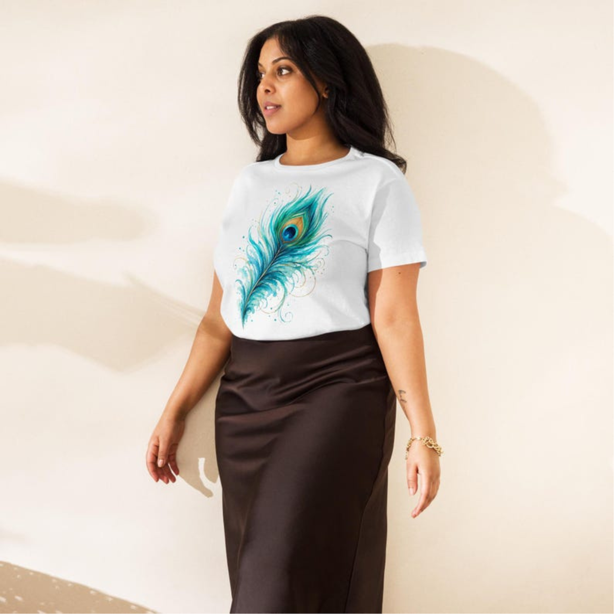Turquoise Peacock Feather T-Shirt, Boho Feather Shirt, Colorful Peacock Tee, Turquoise Shirt, Artistic Women’s Tee