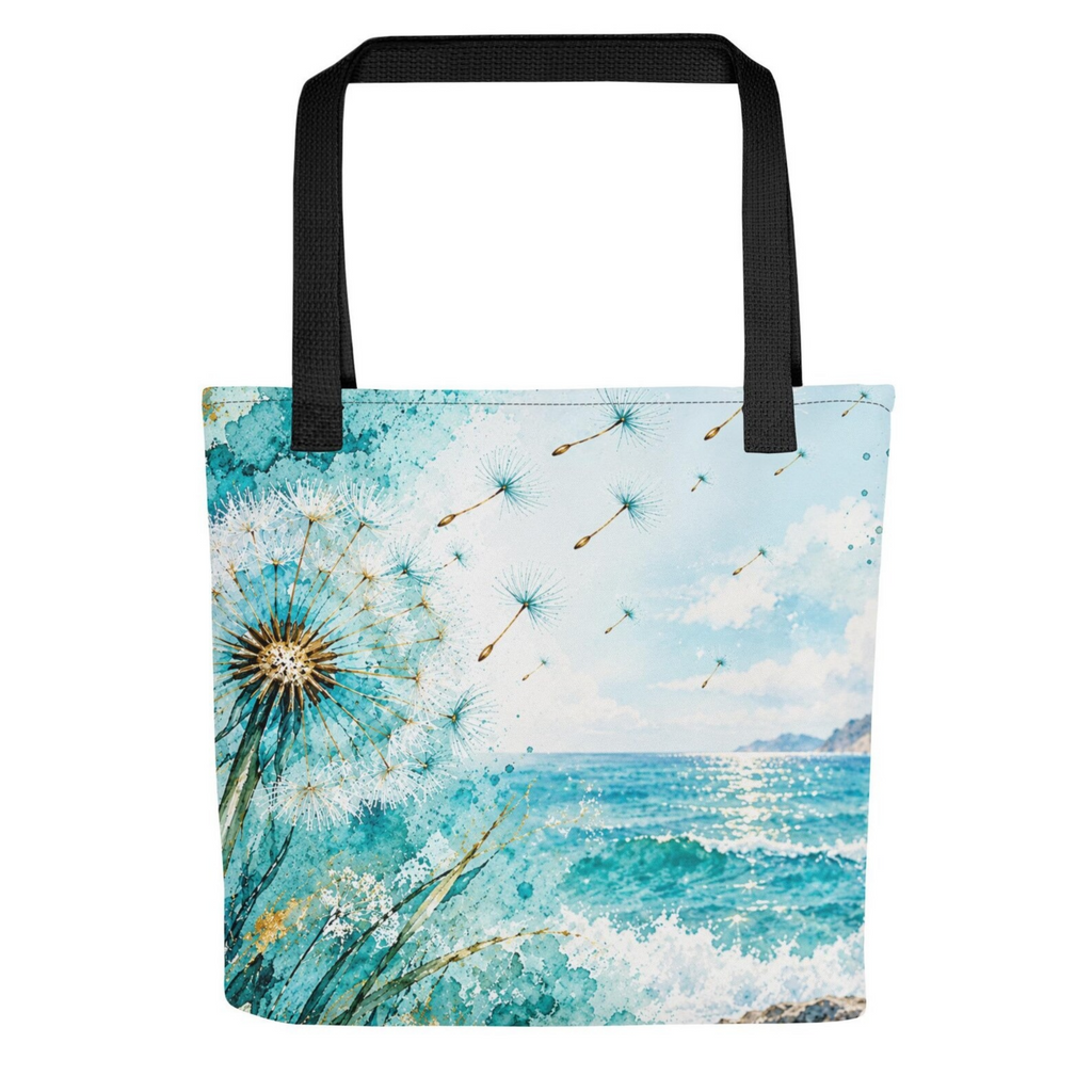 Turquoise Ocean Tote Bag, Dandelion Beach Bag, Coastal Art Tote, Aqua Blue Summer Bag, Watercolor Sea Tote
