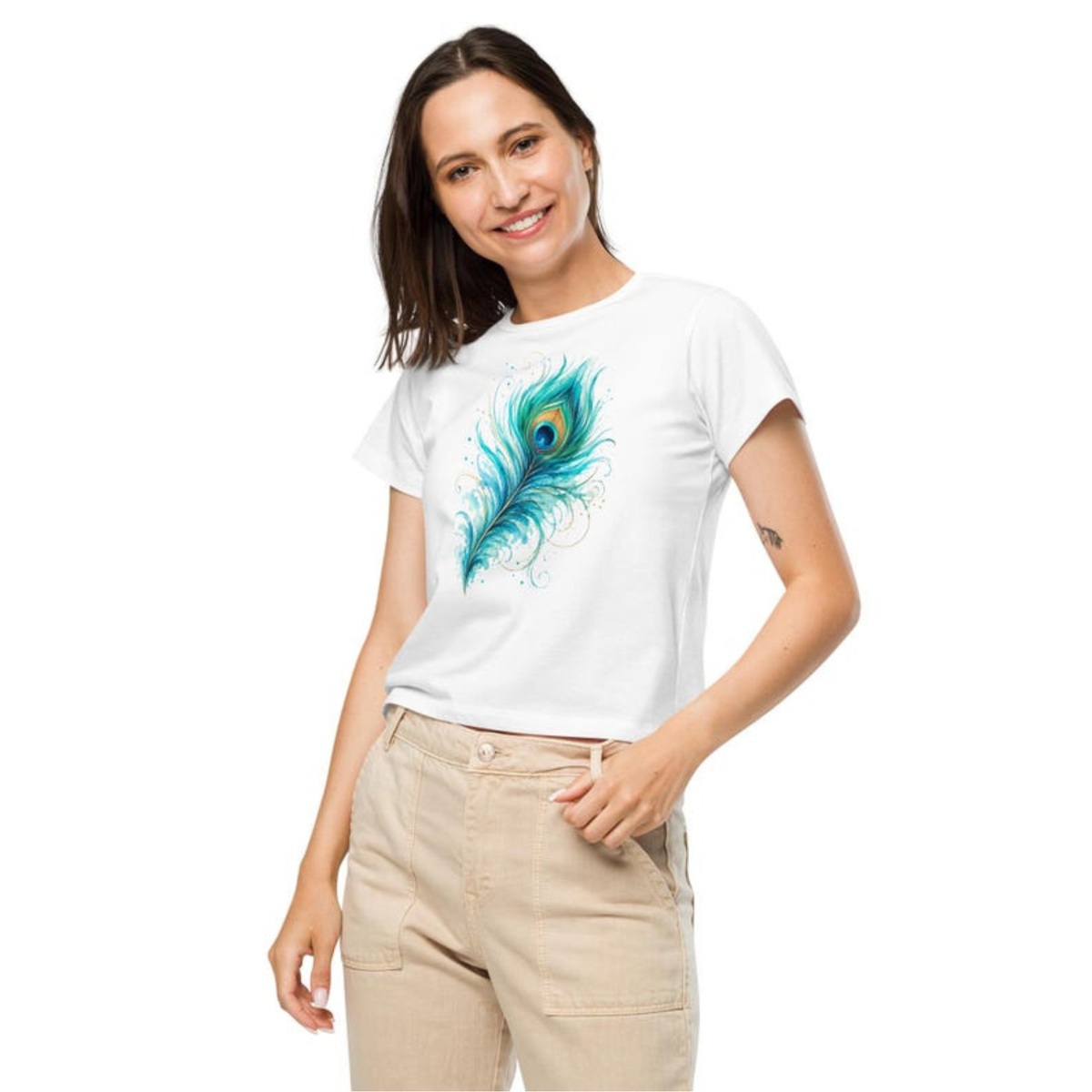 Turquoise Peacock Feather T-Shirt, Boho Feather Shirt, Colorful Peacock Tee, Turquoise Shirt, Artistic Women’s Tee