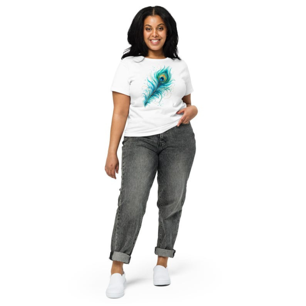 Turquoise Peacock Feather T-Shirt, Boho Feather Shirt, Colorful Peacock Tee, Turquoise Shirt, Artistic Women’s Tee