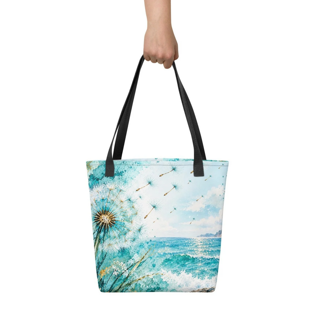 Turquoise Ocean Tote Bag, Dandelion Beach Bag, Coastal Art Tote, Aqua Blue Summer Bag, Watercolor Sea Tote