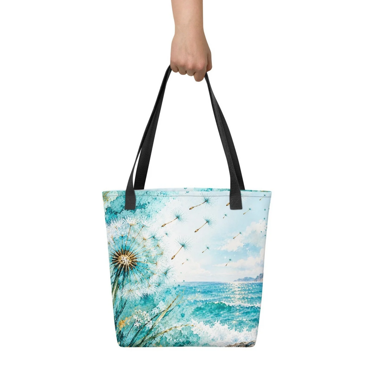 Turquoise Ocean Tote Bag, Dandelion Beach Bag, Coastal Art Tote, Aqua Blue Summer Bag, Watercolor Sea Tote