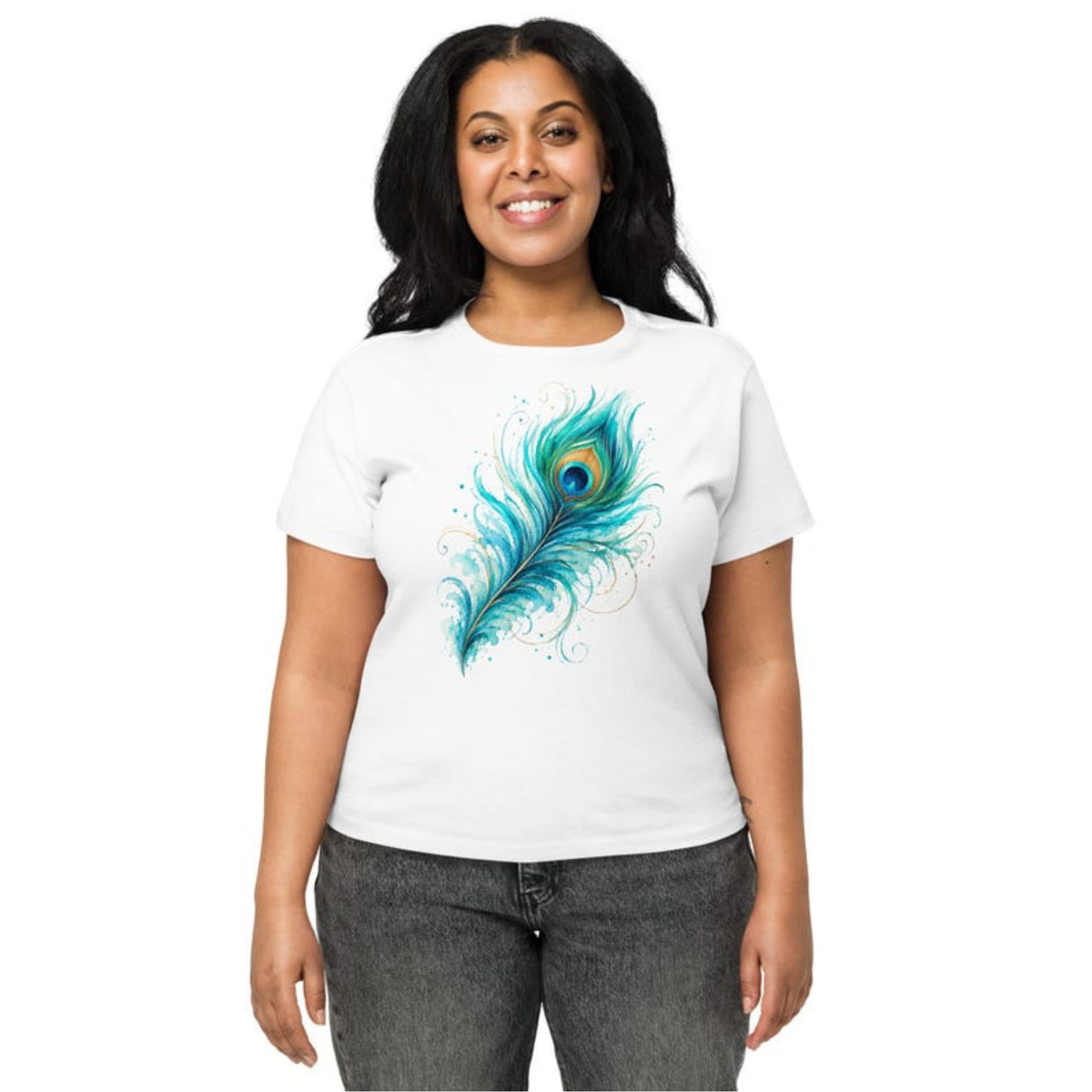 Turquoise Peacock Feather T-Shirt, Boho Feather Shirt, Colorful Peacock Tee, Turquoise Shirt, Artistic Women’s Tee