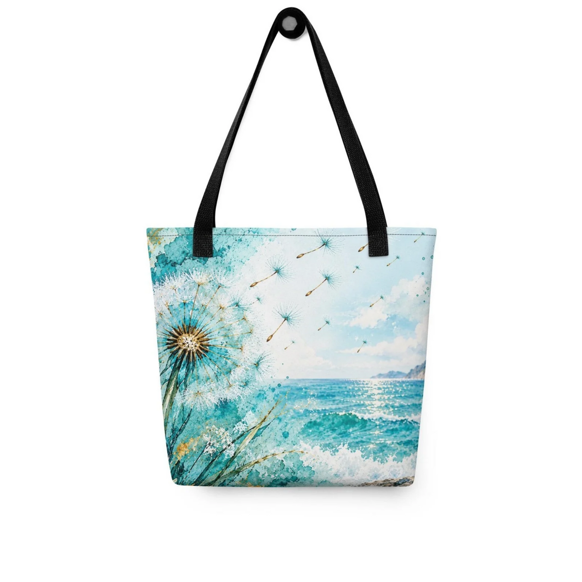 Turquoise Ocean Tote Bag, Dandelion Beach Bag, Coastal Art Tote, Aqua Blue Summer Bag, Watercolor Sea Tote