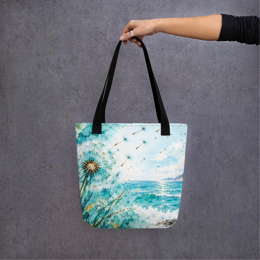 Turquoise Ocean Tote Bag, Dandelion Beach Bag, Coastal Art Tote, Aqua Blue Summer Bag, Watercolor Sea Tote