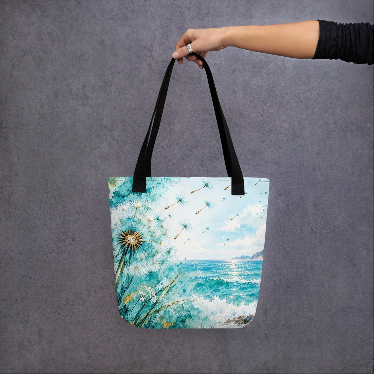 Turquoise Ocean Tote Bag, Dandelion Beach Bag, Coastal Art Tote, Aqua Blue Summer Bag, Watercolor Sea Tote