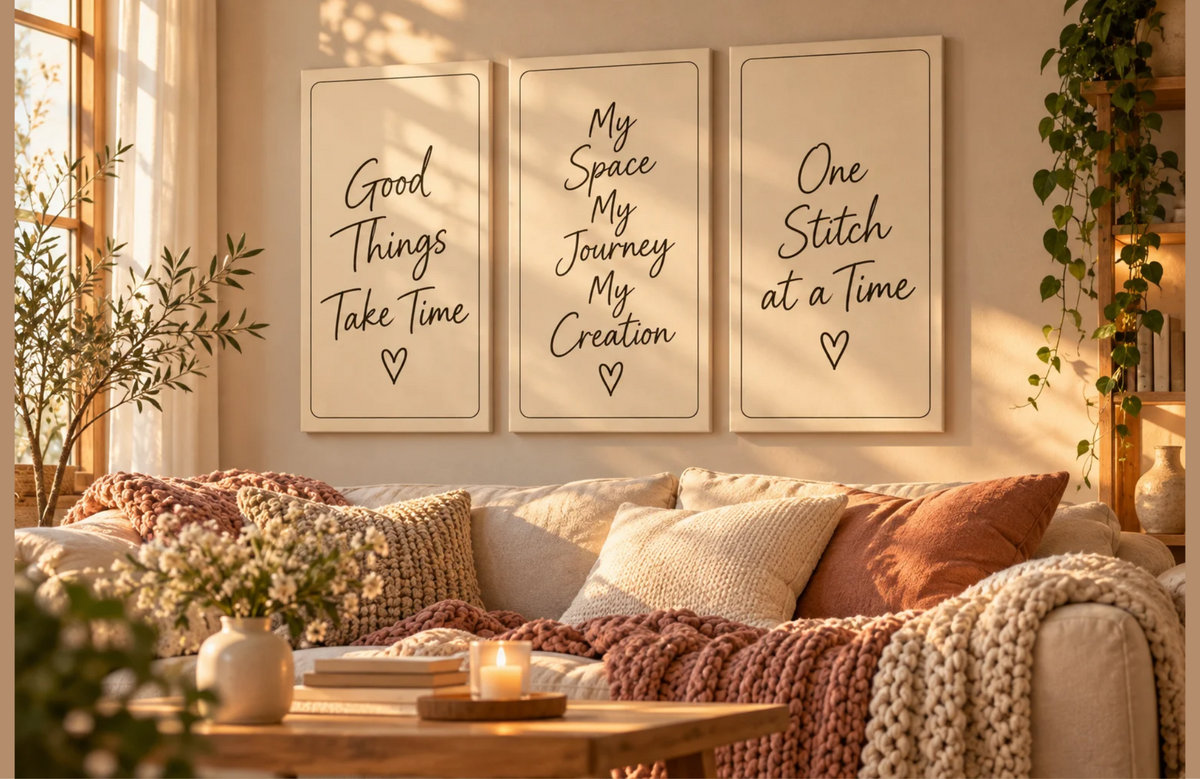 Cozy Knitting Wall Art Set of 3 – Inspirational Canvas Prints, Craft Room Decor, Warm Neutral Wall Art