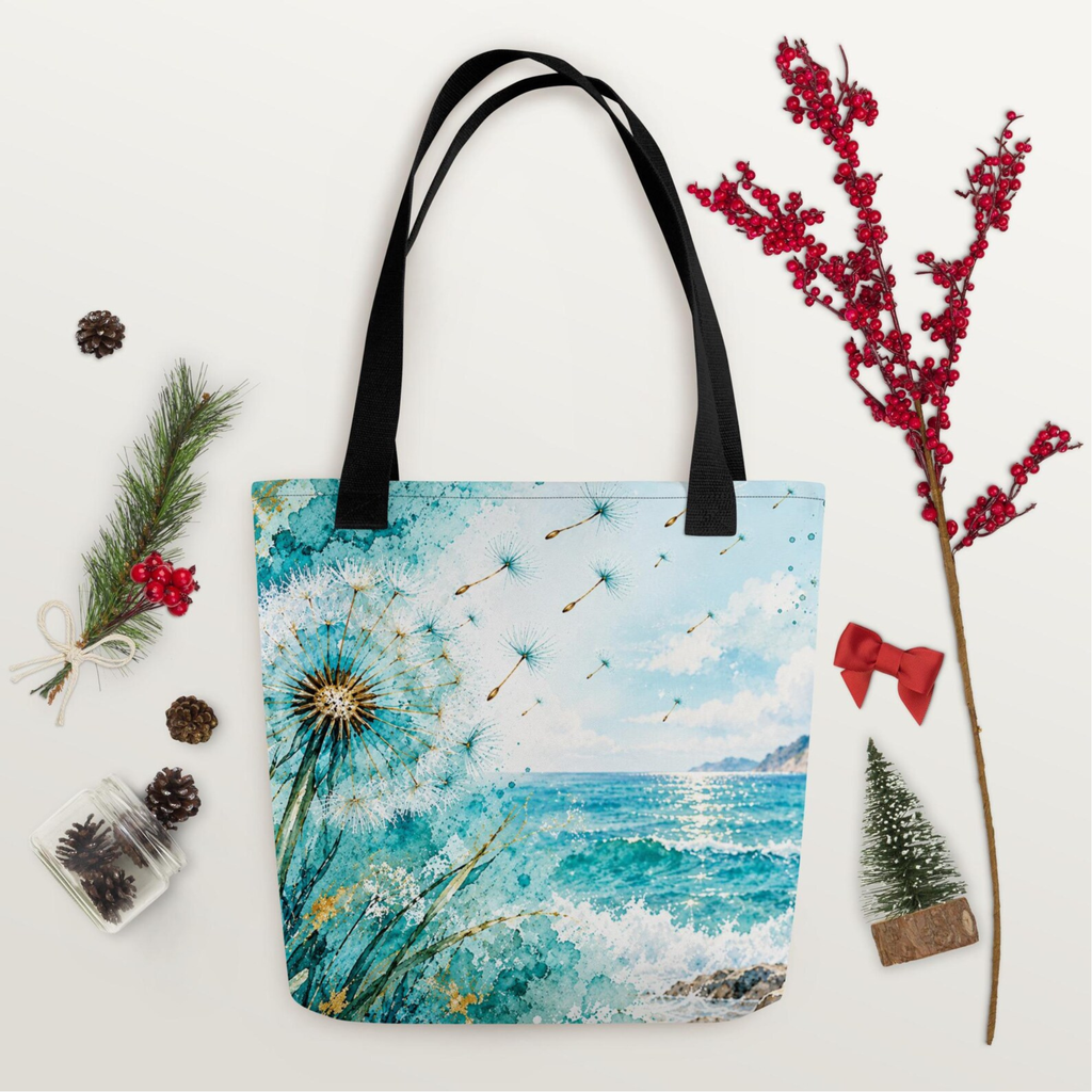 Turquoise Ocean Tote Bag, Dandelion Beach Bag, Coastal Art Tote, Aqua Blue Summer Bag, Watercolor Sea Tote