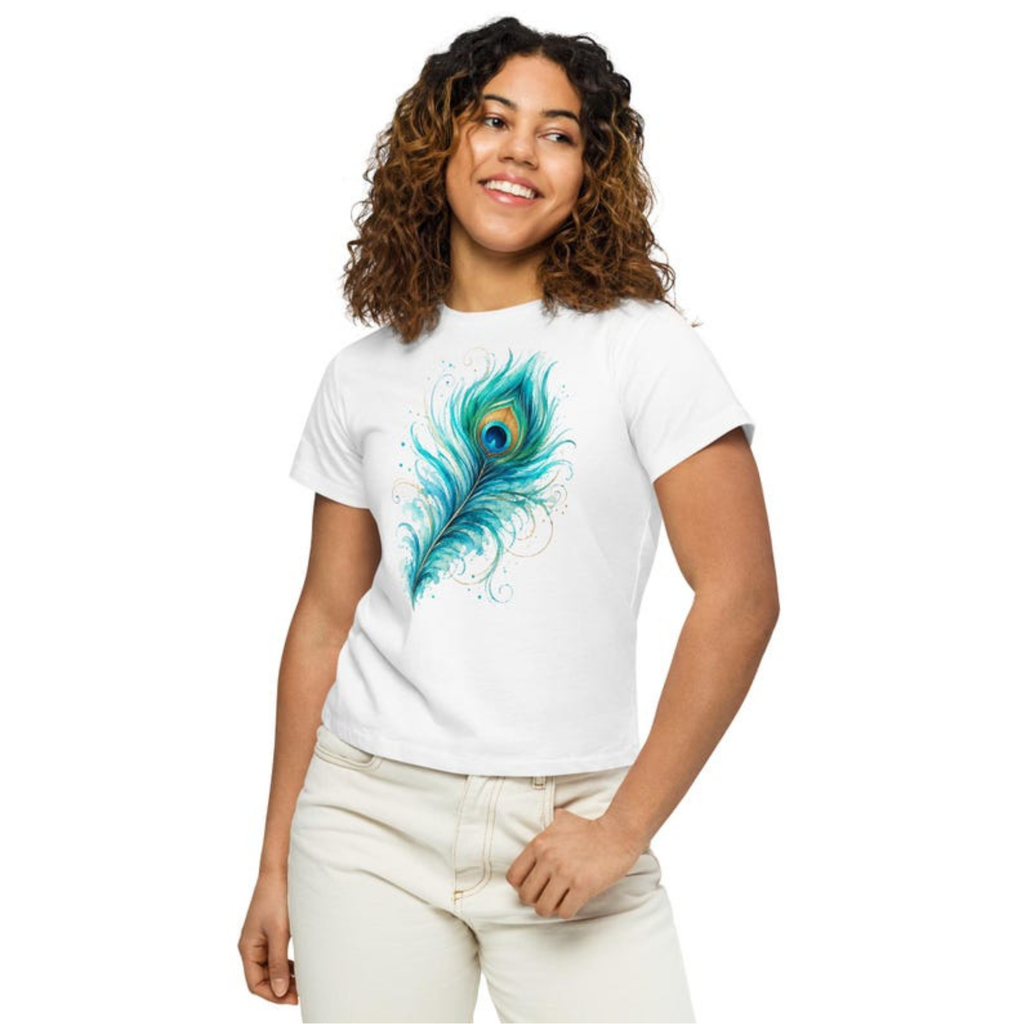 Turquoise Peacock Feather T-Shirt, Boho Feather Shirt, Colorful Peacock Tee, Turquoise Shirt, Artistic Women’s Tee