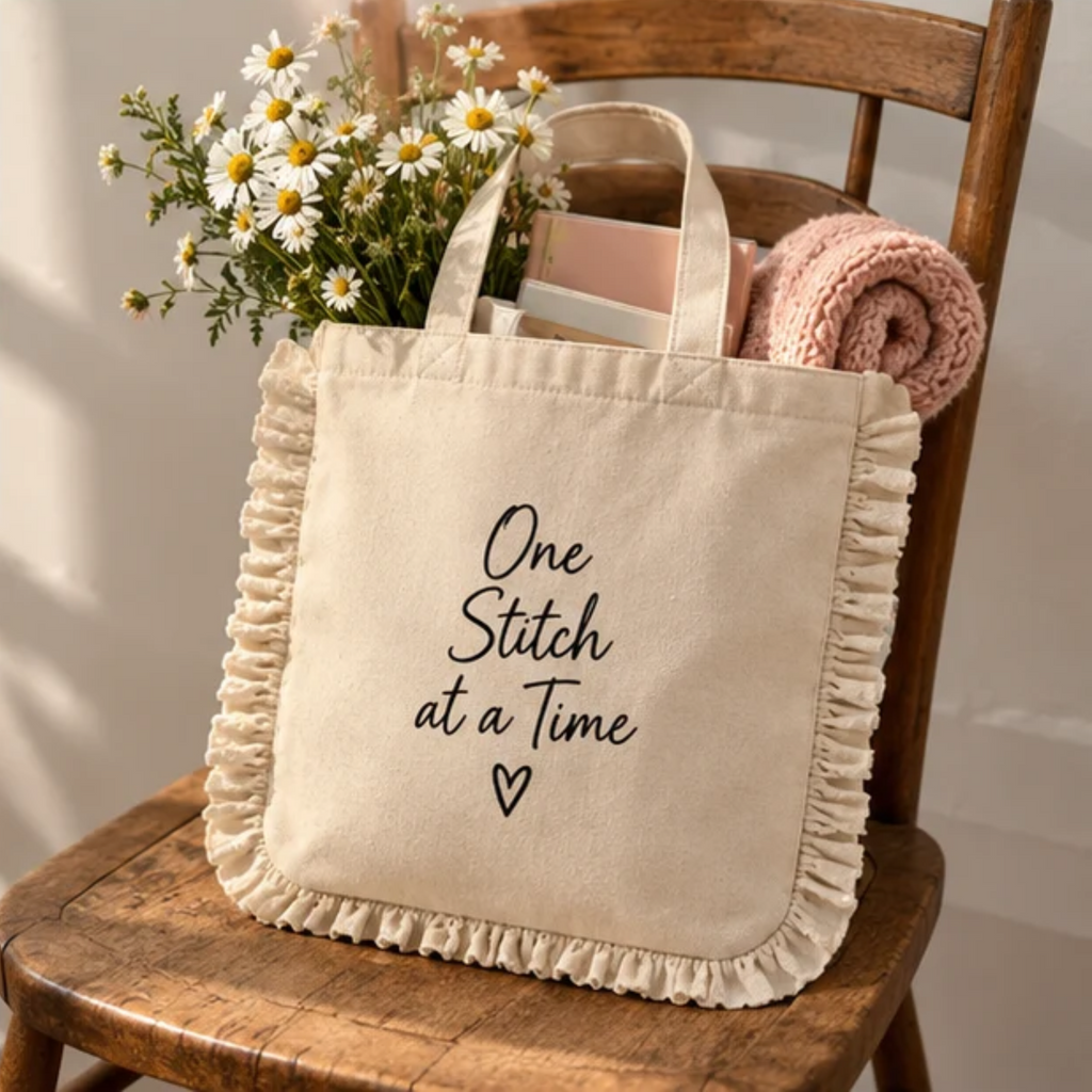 One Stitch at a Time Ruffle Tote Bag – Natural Cotton Canvas Inspirational Tote