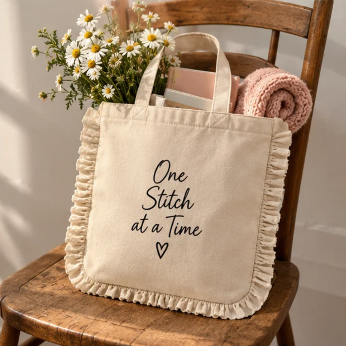One Stitch at a Time Ruffle Tote Bag – Natural Cotton Canvas Inspirational Tote