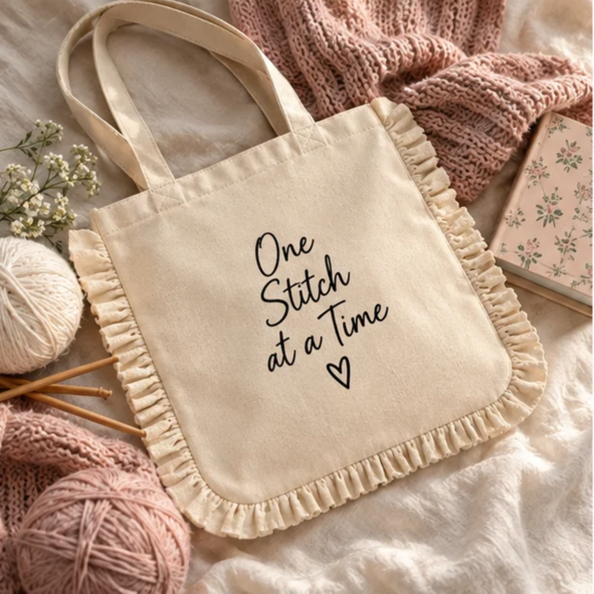One Stitch at a Time Ruffle Tote Bag – Natural Cotton Canvas Inspirational Tote
