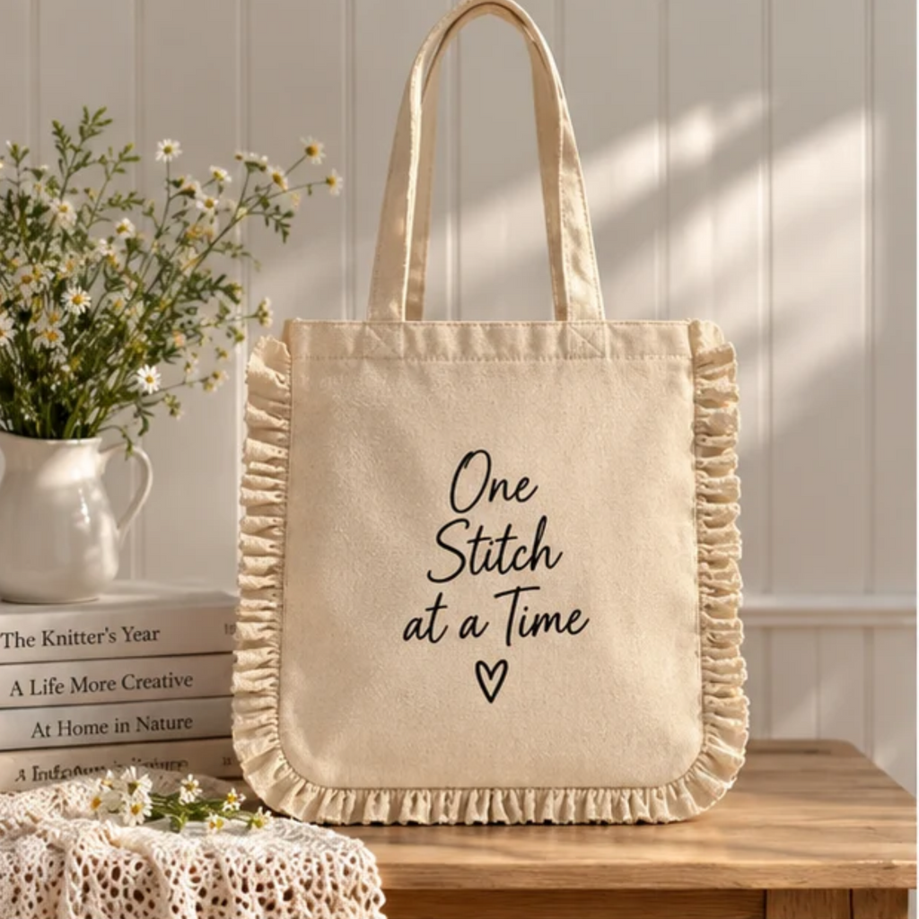 One Stitch at a Time Ruffle Tote Bag – Natural Cotton Canvas Inspirational Tote