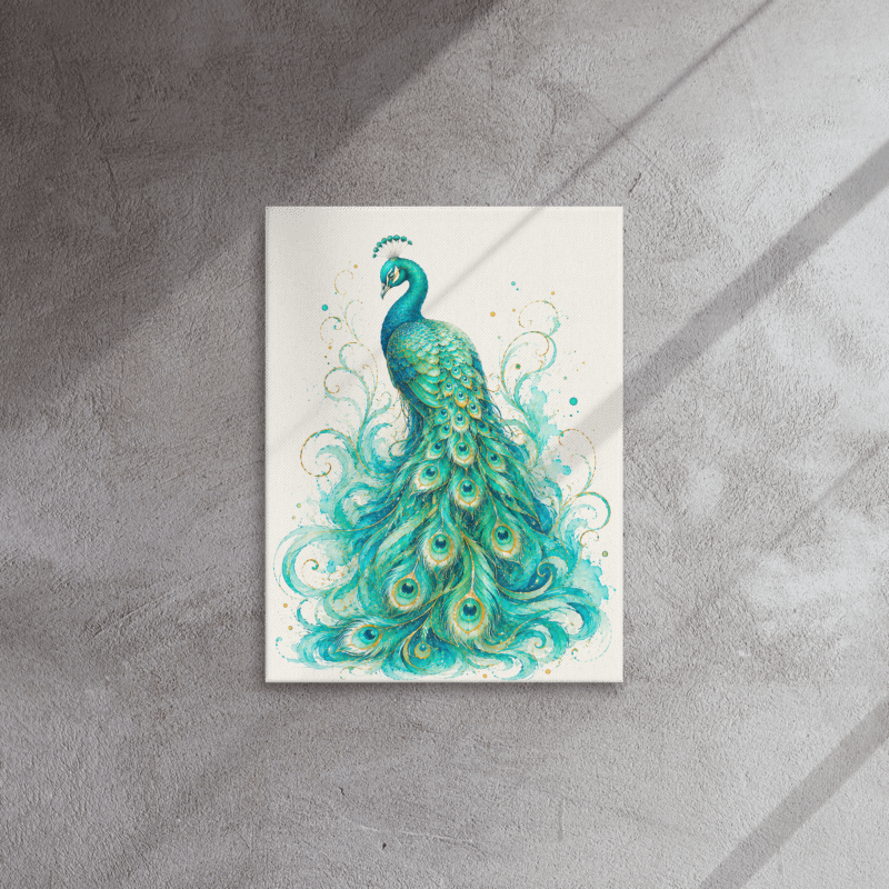 Turquoise Peacock in Bloom — Teal & Gold Thin Canvas Wall Art