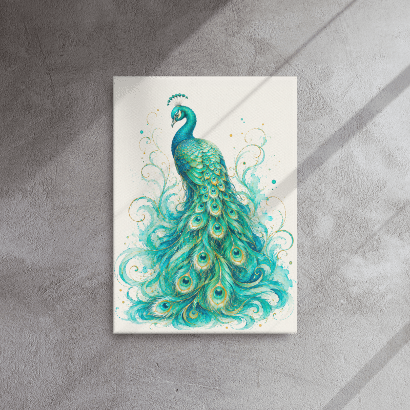 Turquoise Peacock in Bloom — Teal & Gold Thin Canvas Wall Art