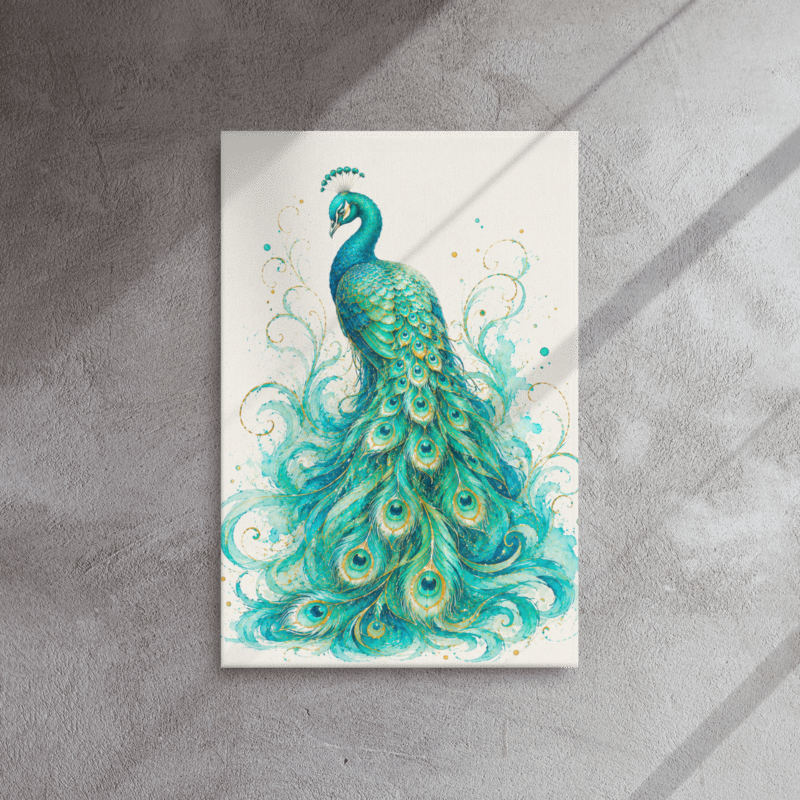 Turquoise Peacock in Bloom — Teal & Gold Thin Canvas Wall Art