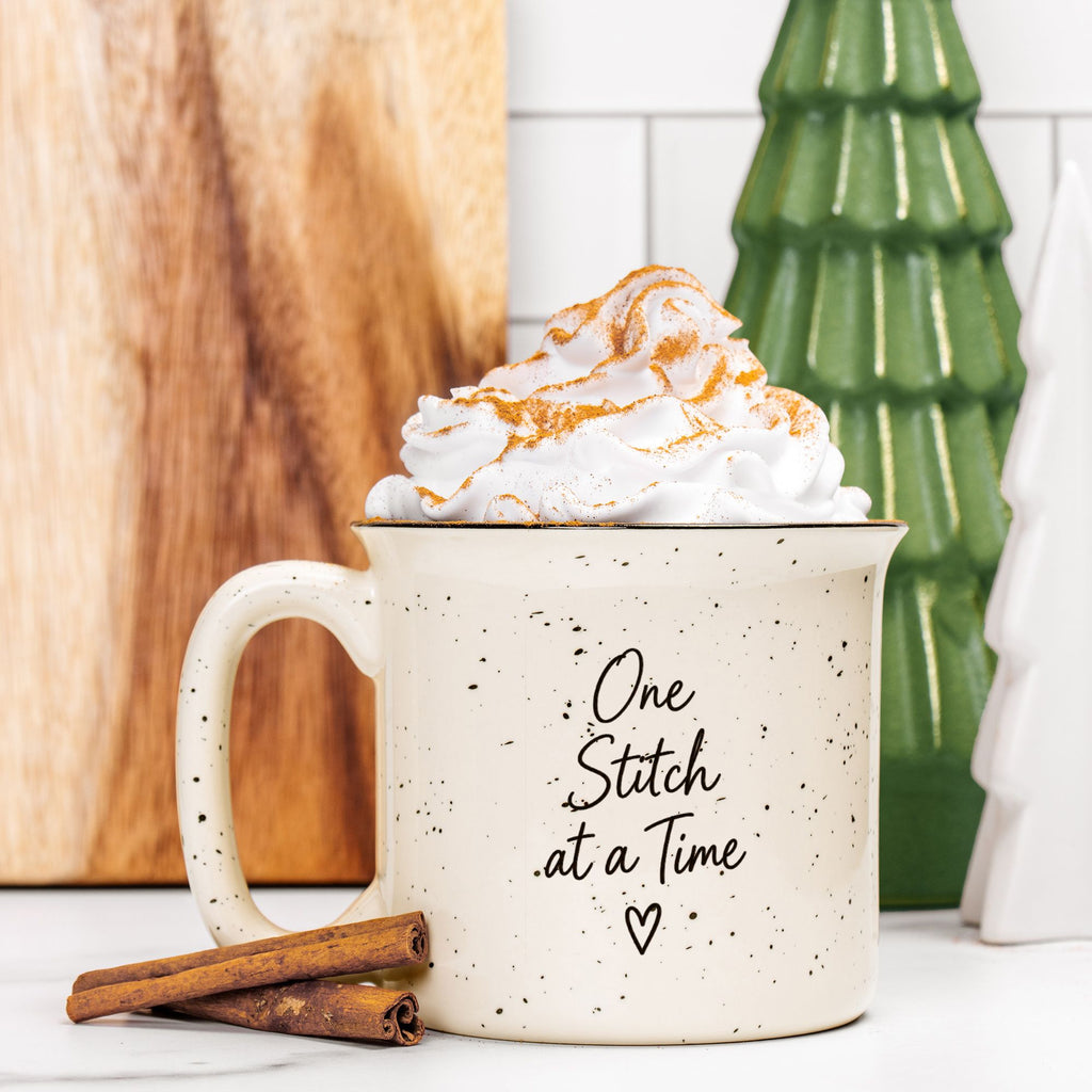 One Stitch at a Time Speckled Ceramic Camp Mug – Cream 13 oz Inspirational Mug