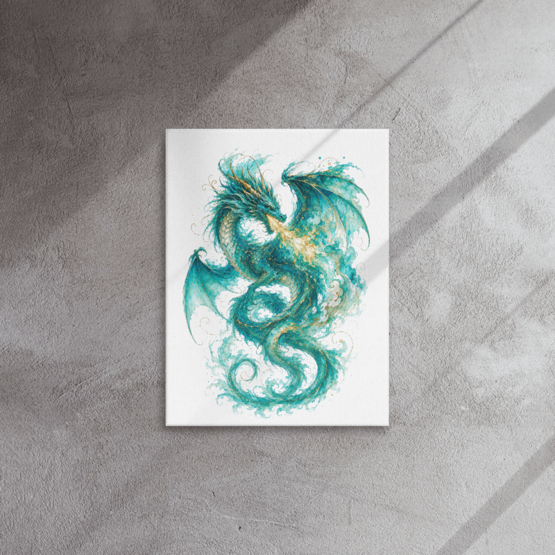 Turquoise Dragon Canvas Wall Art, Fantasy Dragon Print, Teal Dragon Decor, Watercolor Dragon Artwork, Mystical Wall Decor