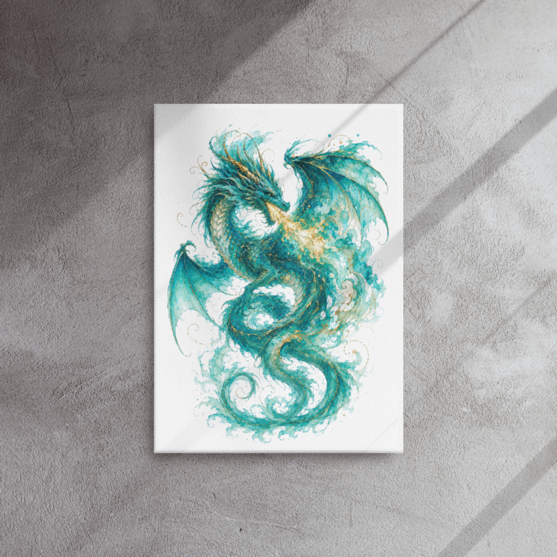 Turquoise Dragon Canvas Wall Art, Fantasy Dragon Print, Teal Dragon Decor, Watercolor Dragon Artwork, Mystical Wall Decor