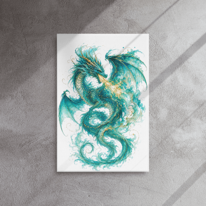 Turquoise Dragon Canvas Wall Art, Fantasy Dragon Print, Teal Dragon Decor, Watercolor Dragon Artwork, Mystical Wall Decor