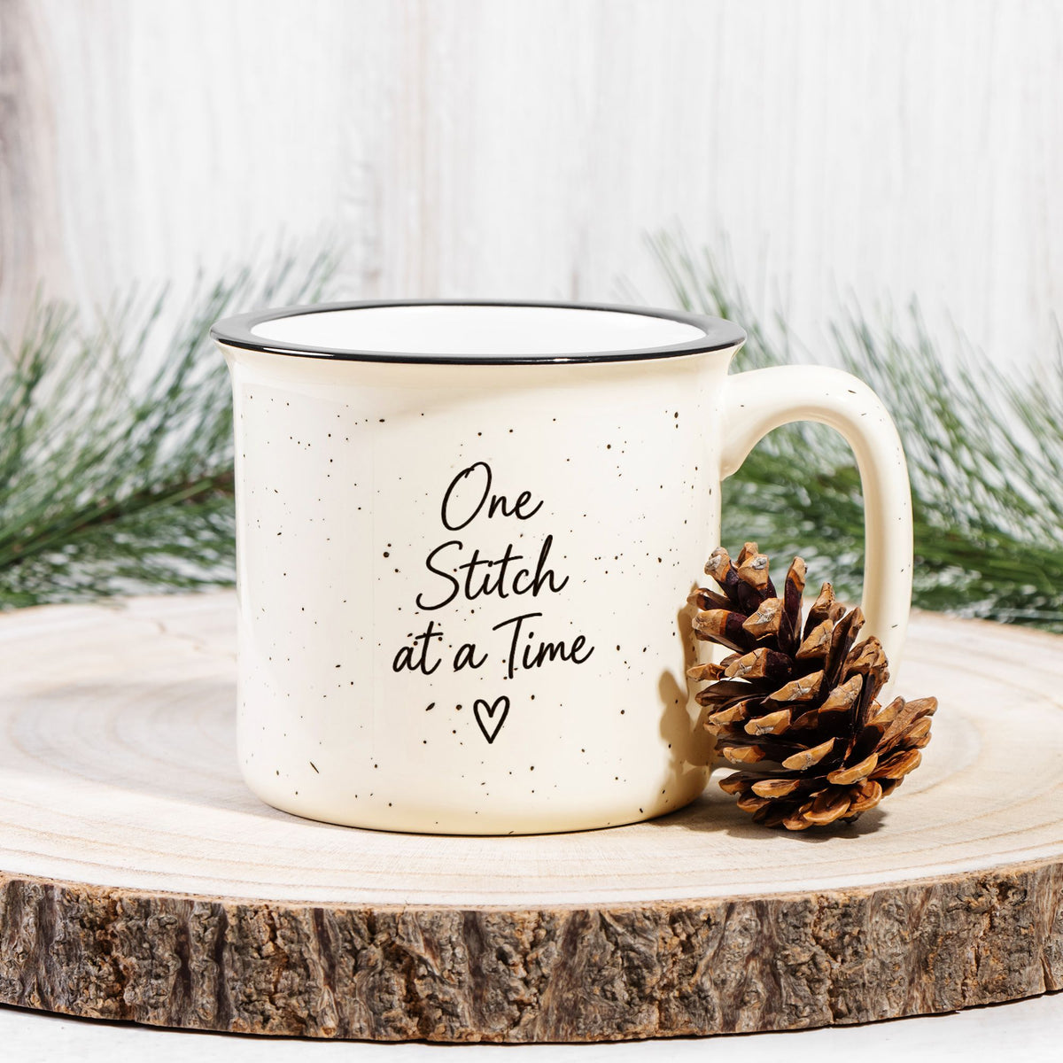 One Stitch at a Time Speckled Ceramic Camp Mug – Cream 13 oz Inspirational Mug