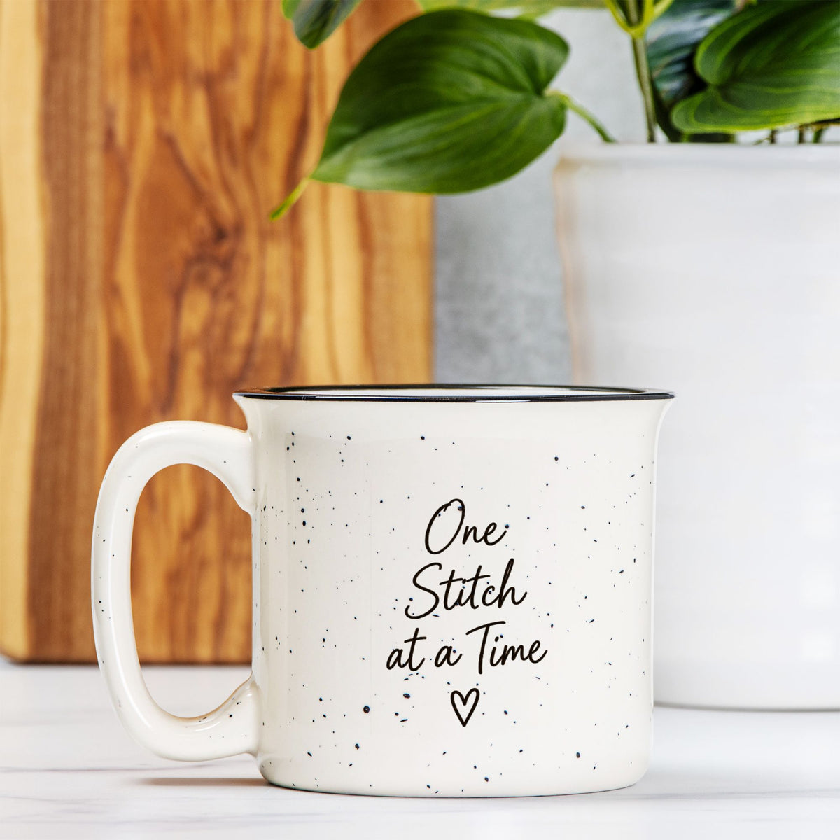One Stitch at a Time Speckled Ceramic Camp Mug – Cream 13 oz Inspirational Mug
