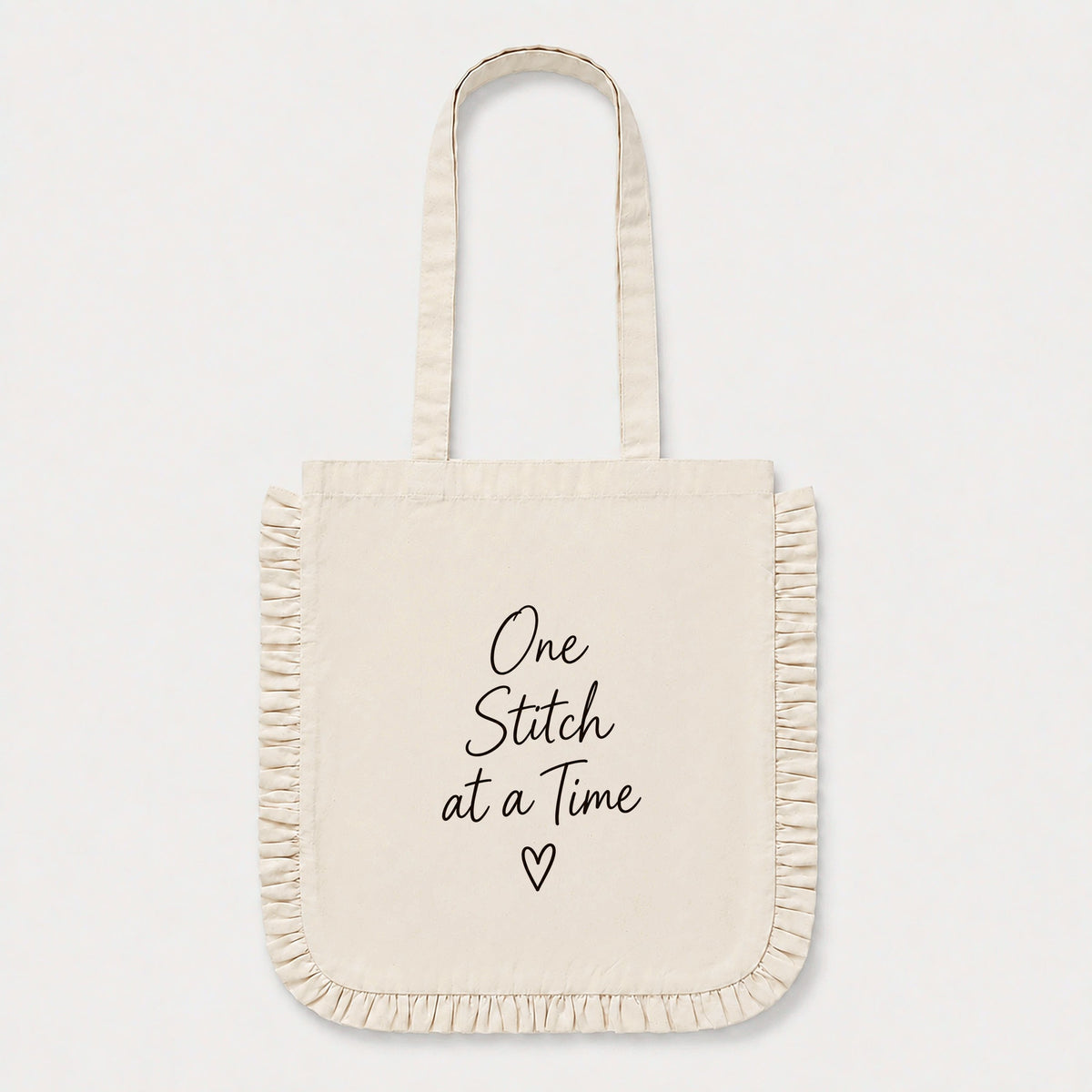 One Stitch at a Time Ruffle Tote Bag – Natural Cotton Canvas Inspirational Tote