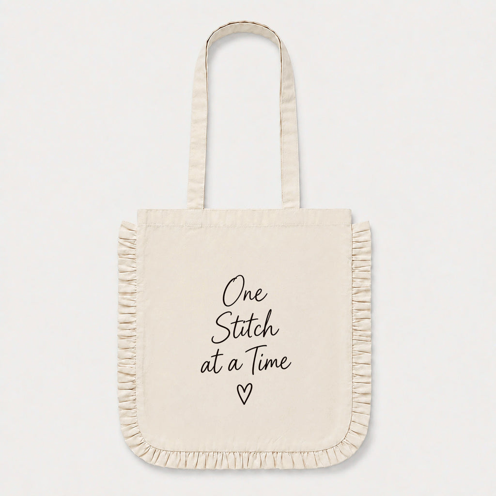 One Stitch at a Time Ruffle Tote Bag – Natural Cotton Canvas Inspirational Tote